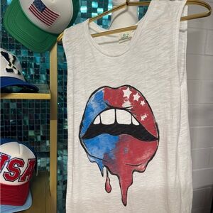 White Sleeveless Top with Red and Blue Lips Graphic